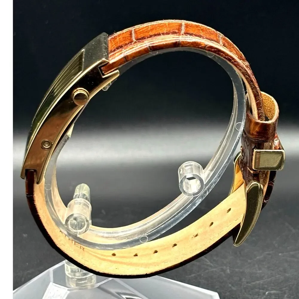 Kenneth Cole Reaction KC1398 Digital Gold Tone Brown Embossed Leather Watch Y2K